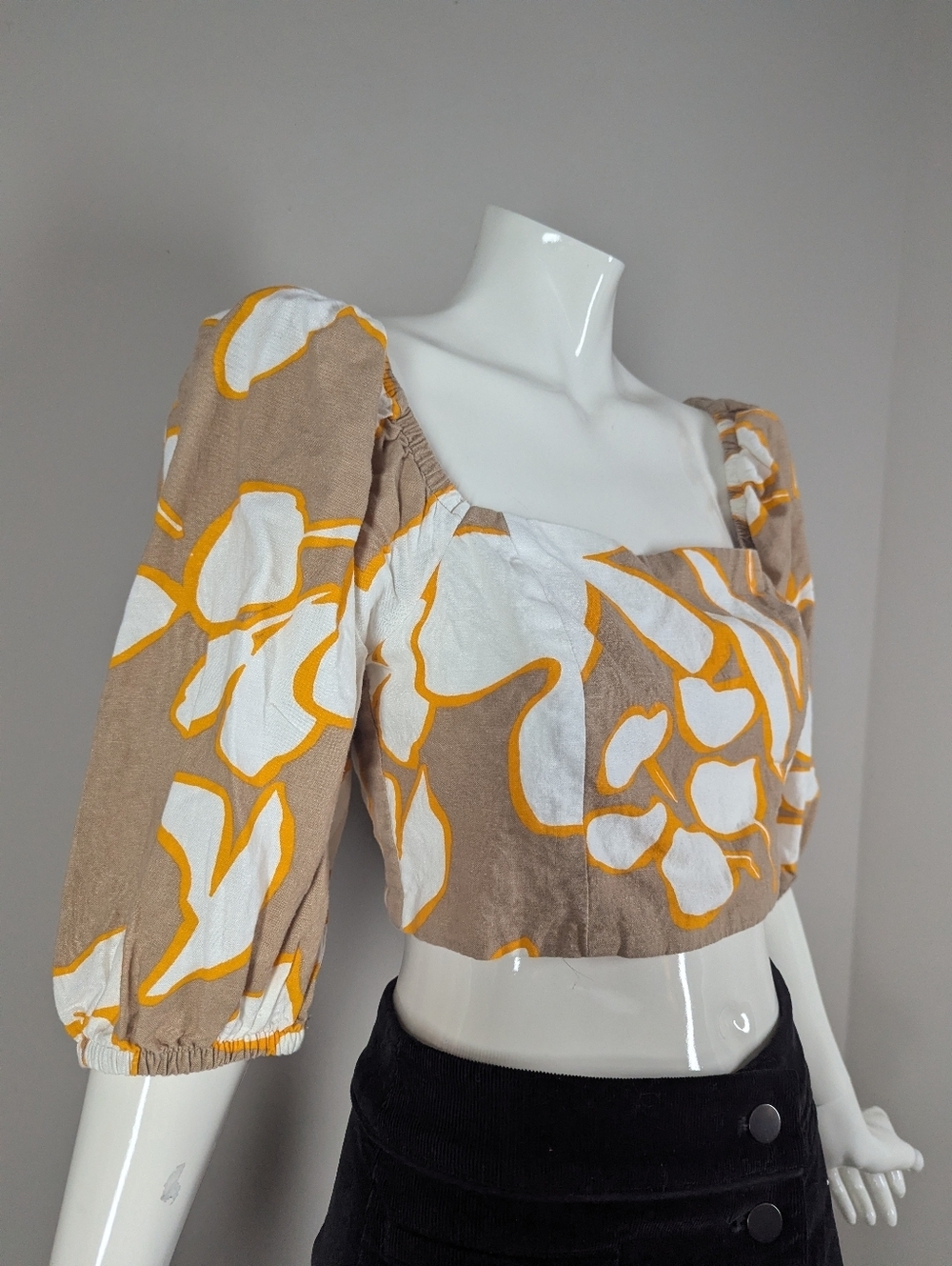 Dynamite Crop Top Small Linen Blend Puff Sleeve Tie Back Summer Top - Picture 5 of 7